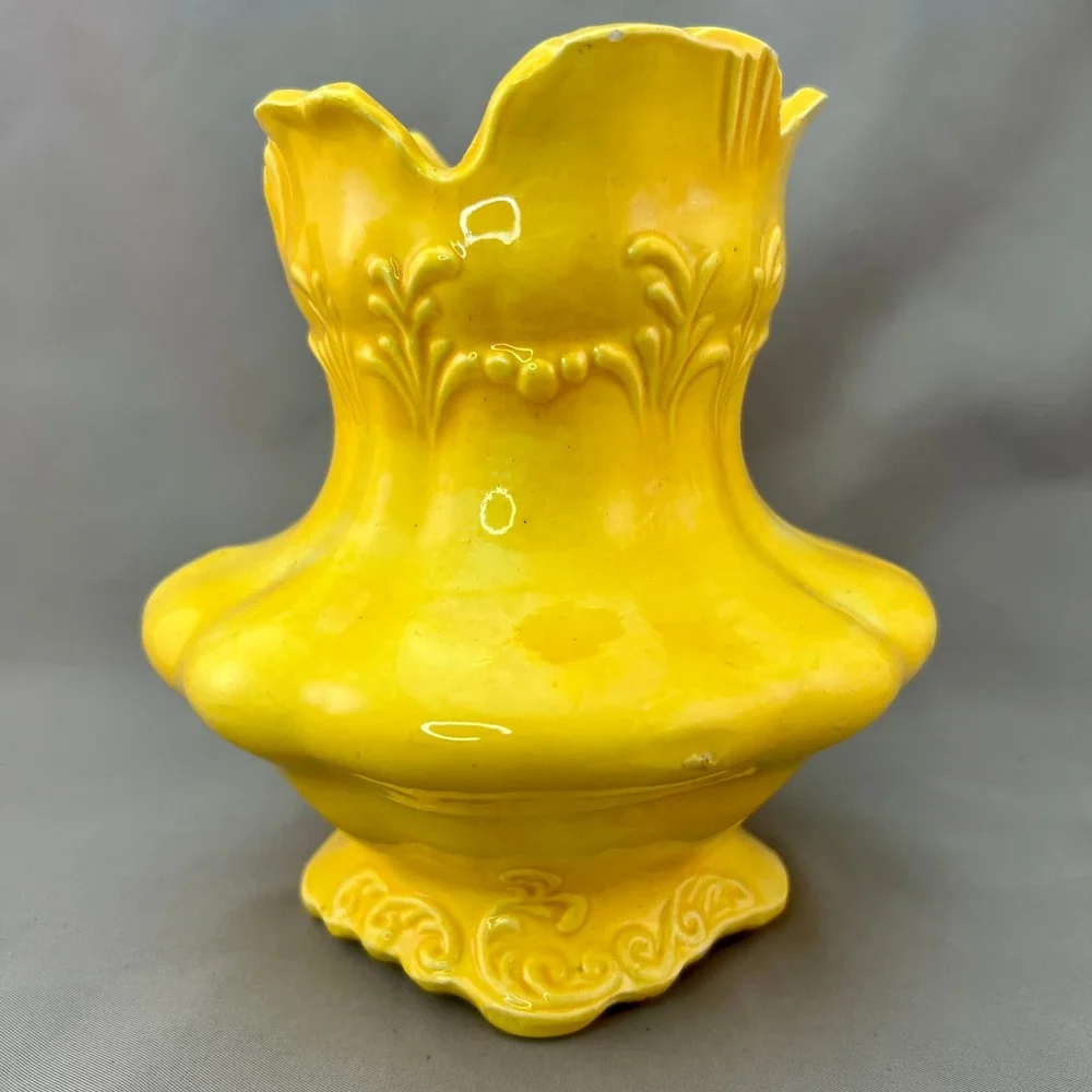 Ceramic Vase Yellow Fair Embossed Scalloped No. 62 Vintage See pics for flaws